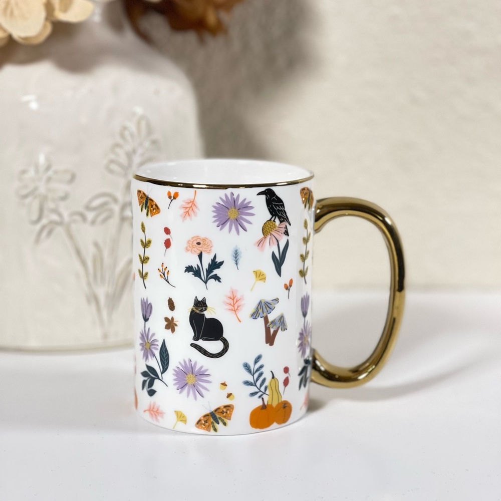 Monterey Bay Fine Porcelain Elegant Autumn Black Cat Coffee Mug